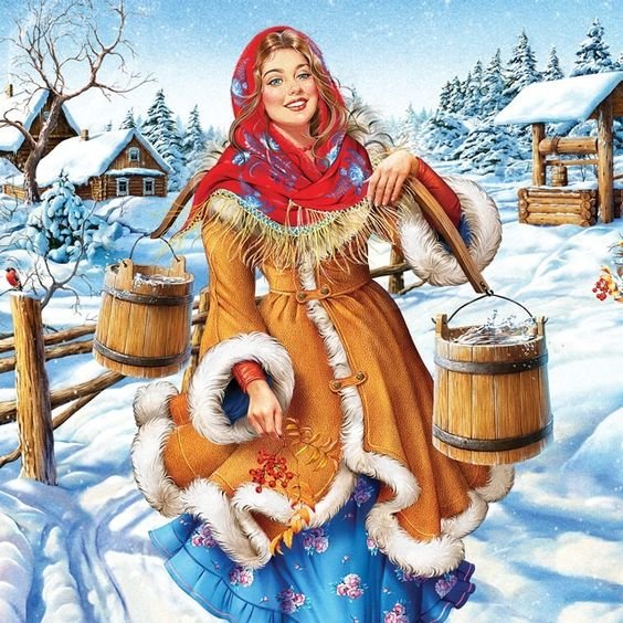 Деревенская девушка - ведра, зима, деревня - оригинал