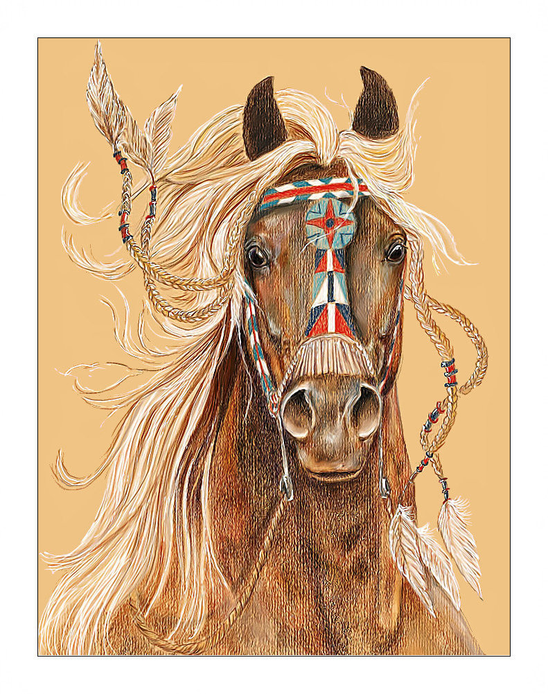 Индейский конь. - ветер, конь, животные, живопись, грива, перья, лошадь - оригинал