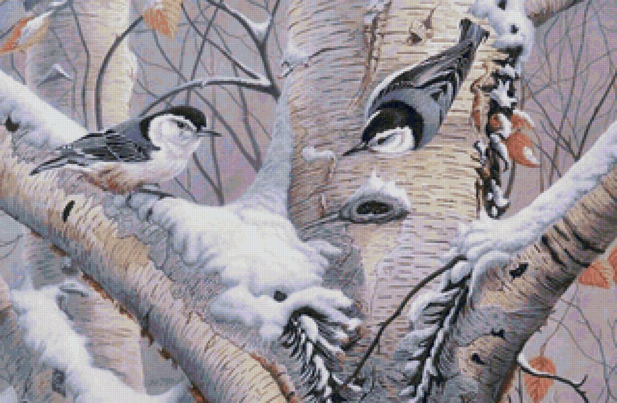 худ. Сэм Тим - дерево, зима, береза, птицы, осень - предпросмотр