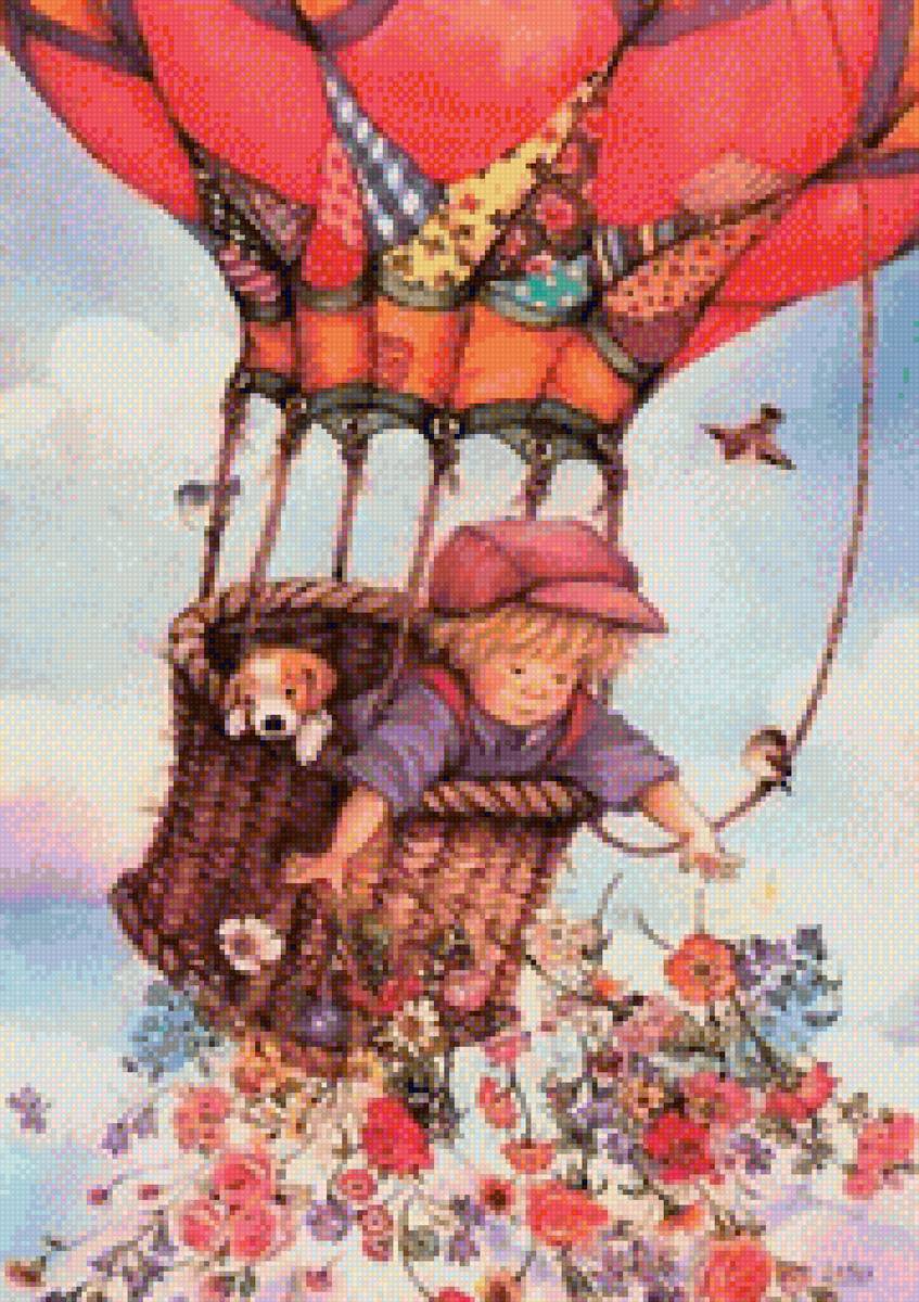 воздушный шар - воздушный шар, мальчик, цветы - предпросмотр