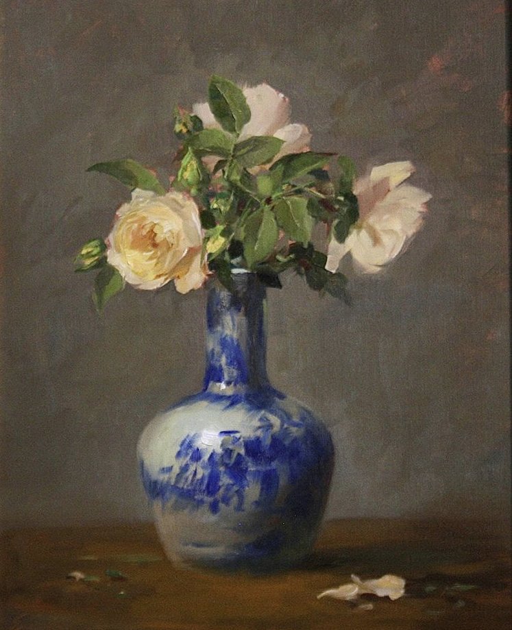 Белые розы - цветы, ваза, натюрморт, живопись, роза - оригинал