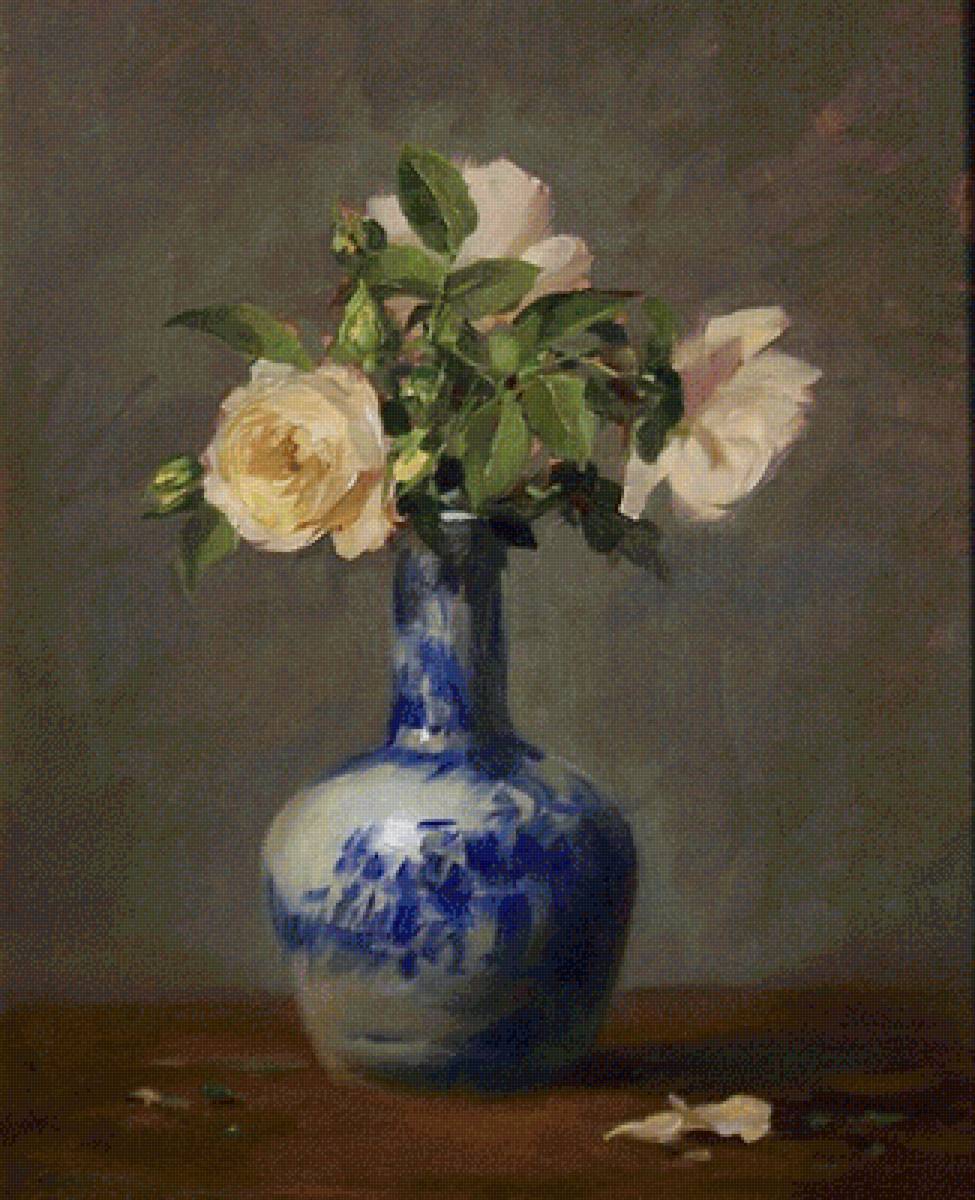 Белые розы - цветы, натюрморт, живопись, роза, ваза - предпросмотр