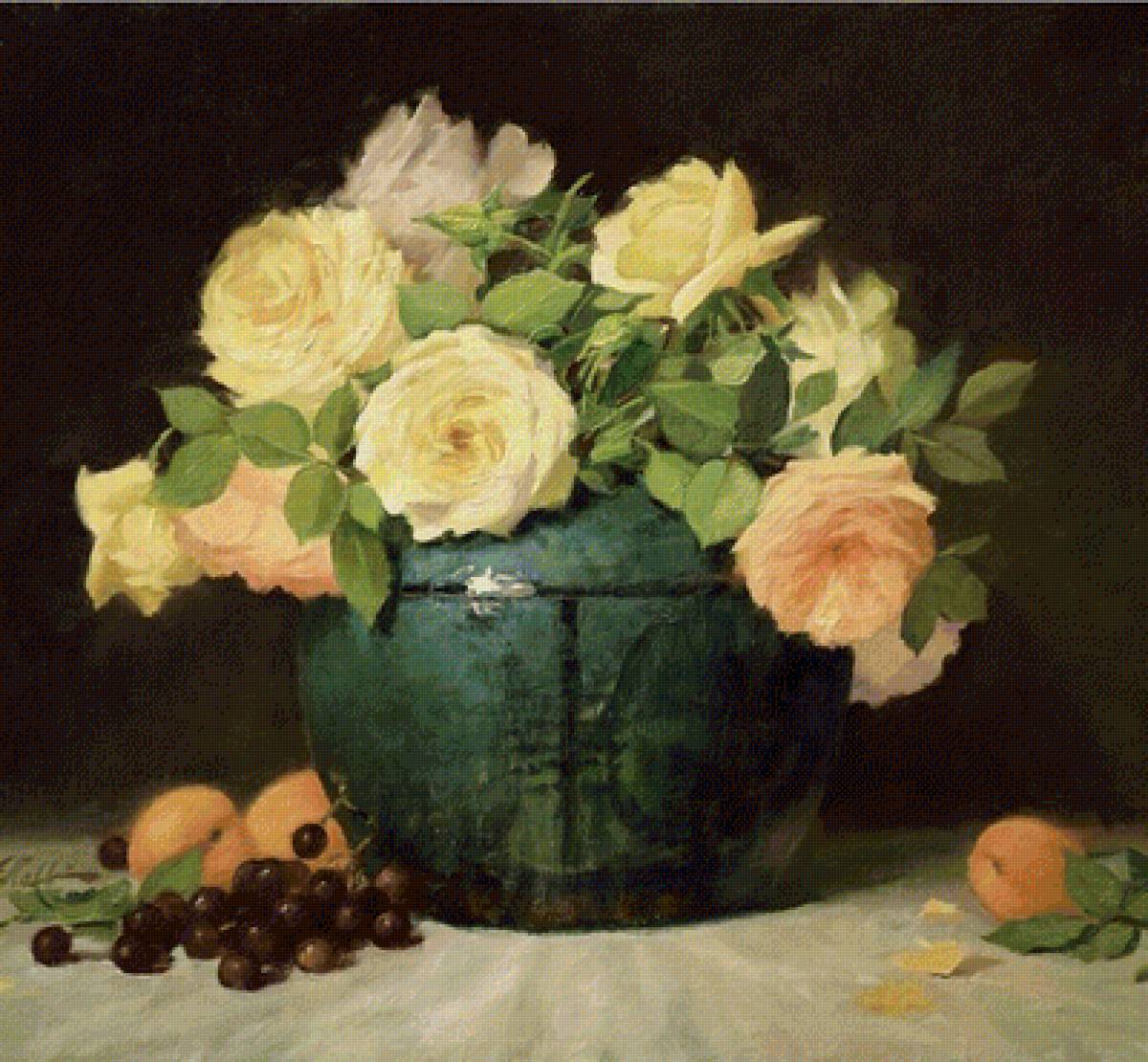 Жёлтые розы - цветы, натюрморт, ваза, живопись, роза - предпросмотр