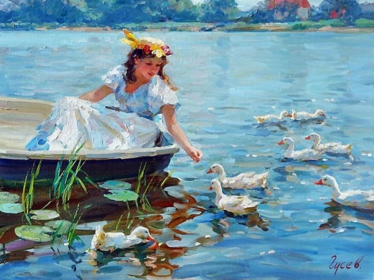 В лодке. Владимир Гусев - девушка, река, живопись, утки - оригинал