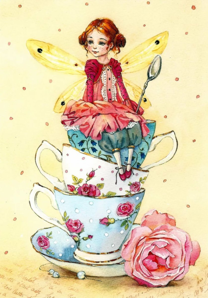 Little fairy - butterfly, fairy, roses, cup, tea, beautiful - оригинал