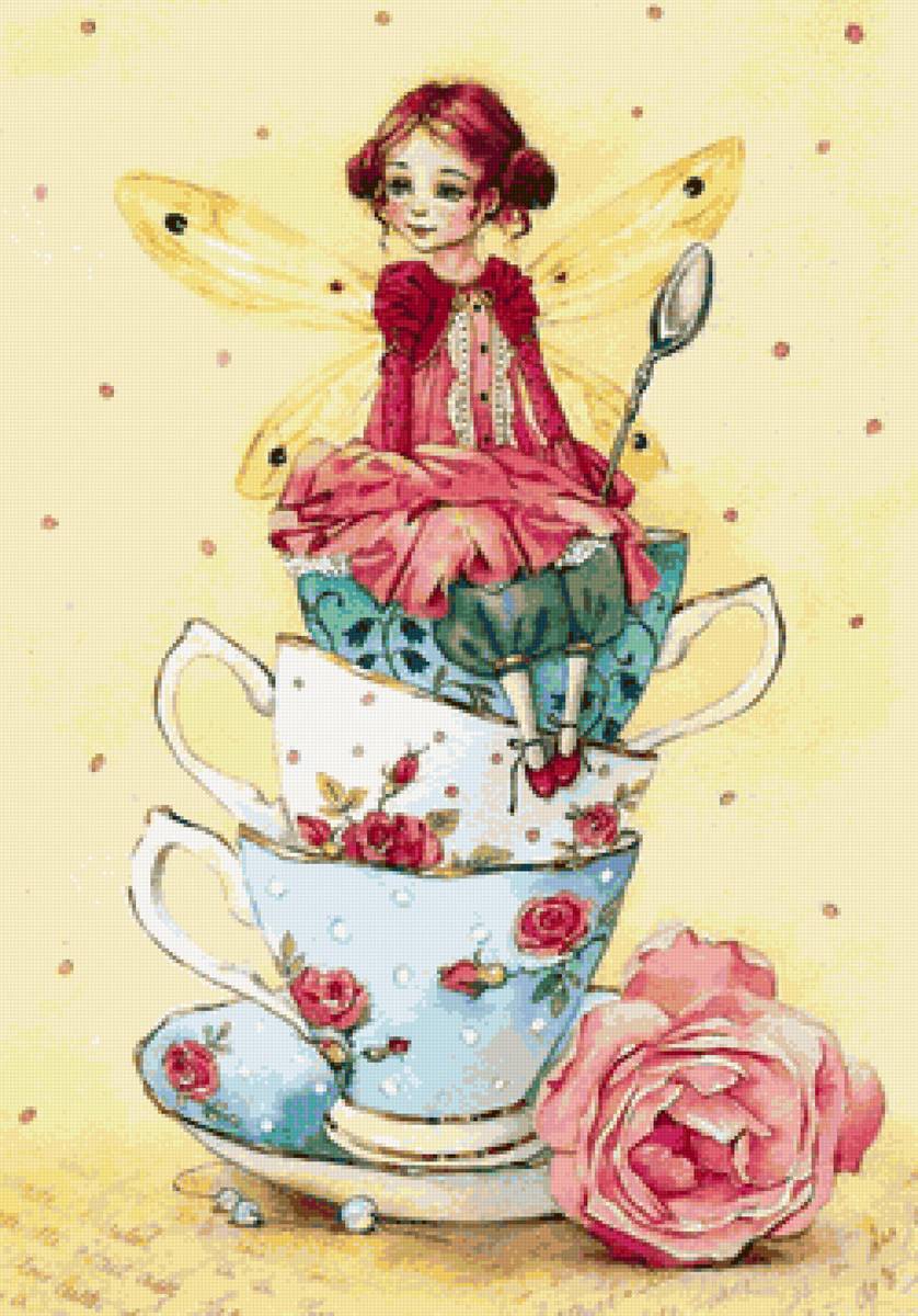 Little fairy - fairy, tea, butterfly, roses, beautiful, cup - предпросмотр
