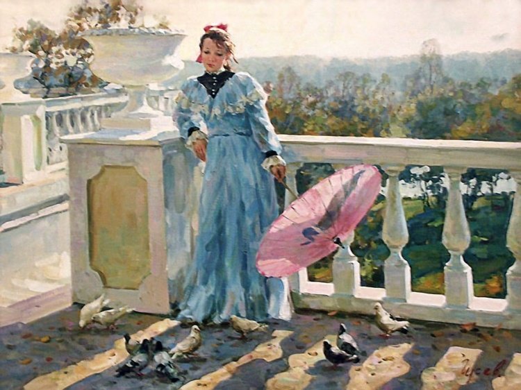 Девушка и голуби. Владимир Гусев - девушка, портрет, живопись, голуби - оригинал