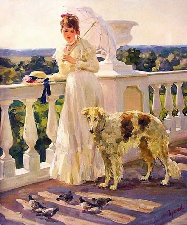 Прогулка. Владимир Гусев - портрет, собака, живопись, девушка - оригинал