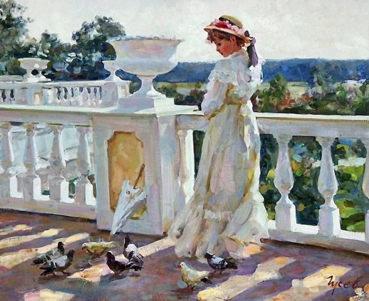 Девушка и голуби. Владимир Гусев - голуби, портрет, живопись, девушка - оригинал