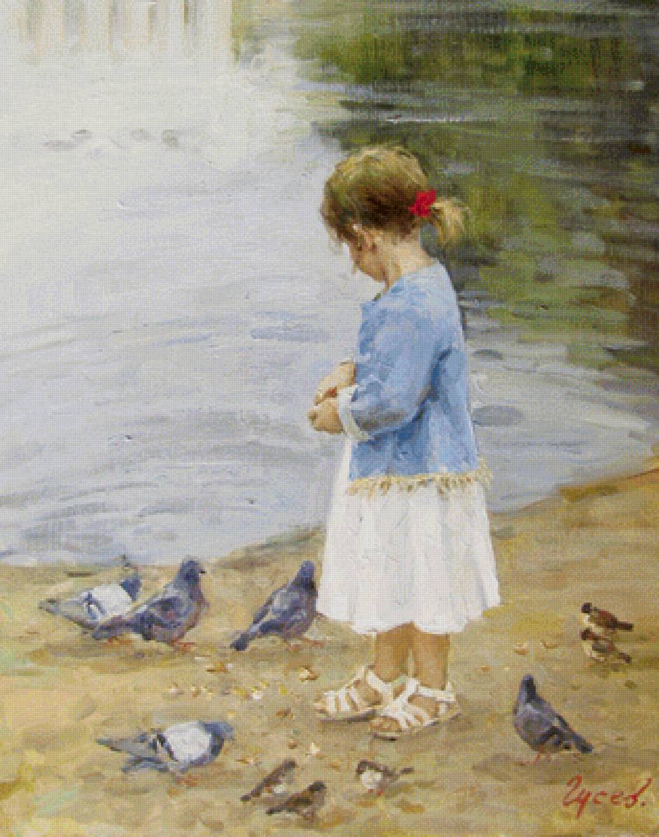Девочка и голуби. Владимир Гусев - голуби, девочка - предпросмотр