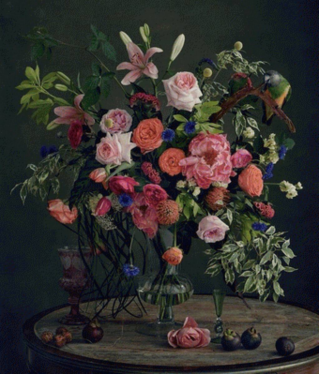 Большой букет с попугаем - ваза, натюрморт, цветы, попугай - предпросмотр