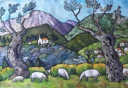 Пейзаж с овечками 2 - овечки, пейзаж, горы, наив - оригинал
