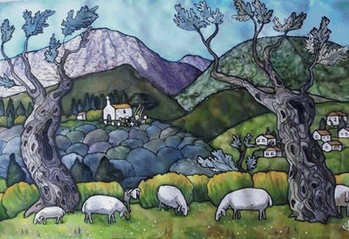Пейзаж с овечками 2 - пейзаж, овечки, наив, горы - предпросмотр