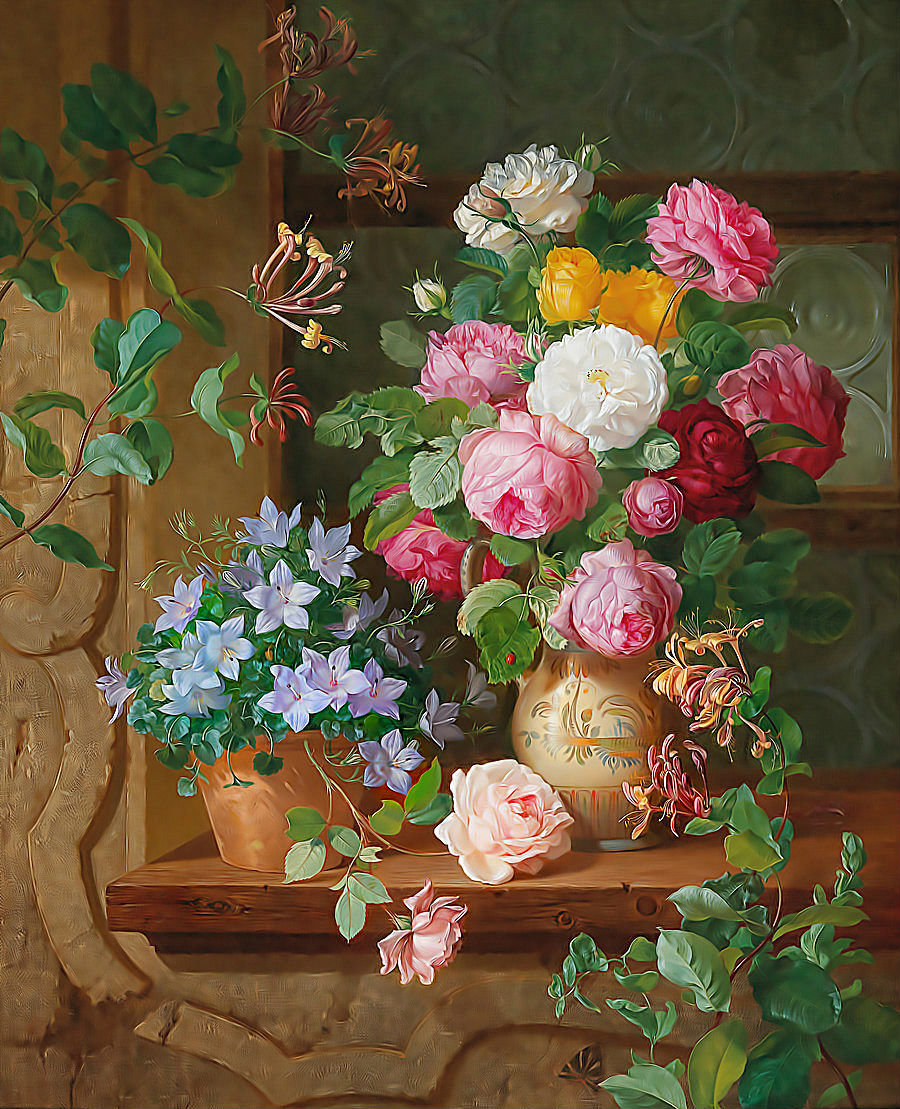 Натюрморт - цветы в вазе, колокольчики, цветы, розы - оригинал