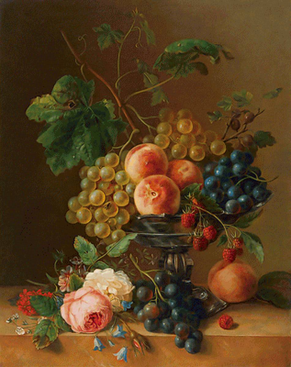 Натюрморт - роза, фрукты, виноград, персики - предпросмотр