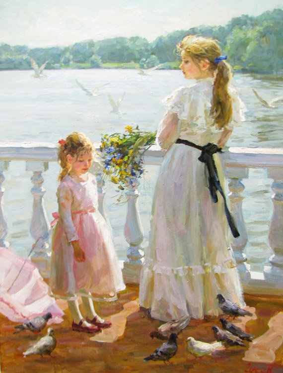 Две сестры. Владимир Гусев - живопись, река, голуби, девочка - оригинал