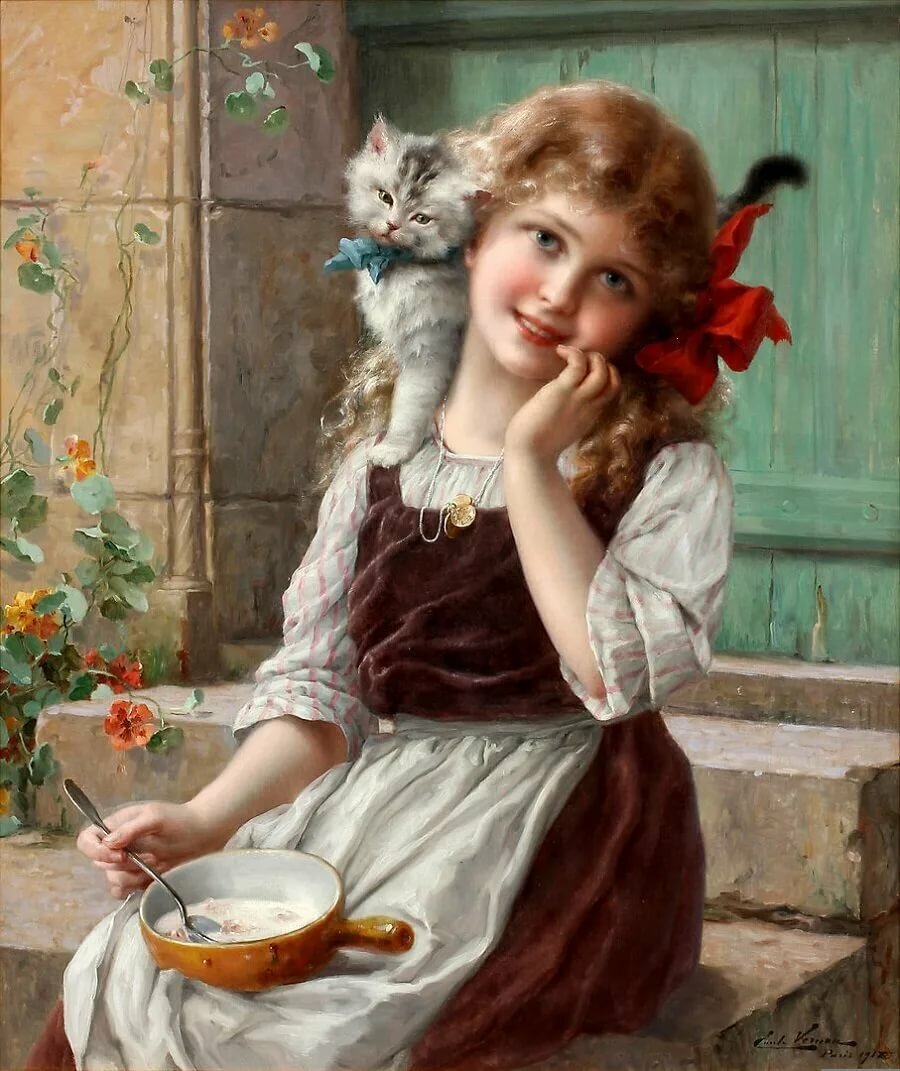 Девочка с котёнком. Эмиль Вернон - девочка, котенок, 19 век, портрет, живопись - оригинал