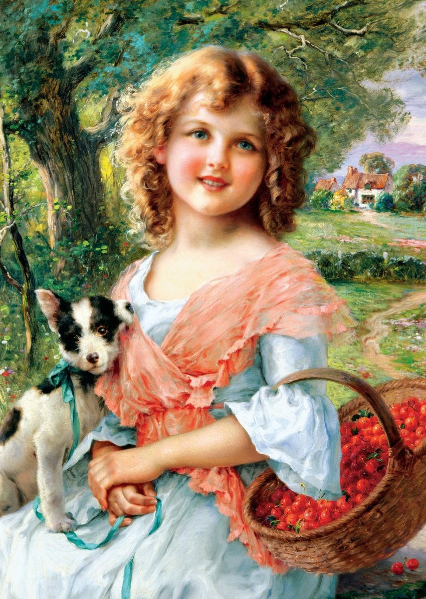 Девочка со щенком. Эмиль Вернон - девочка, живопись, 19 век, щенок, портрет - оригинал