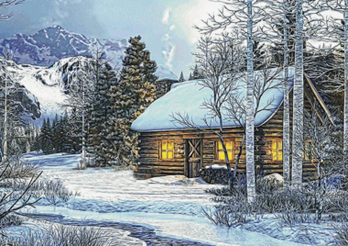 Зимний вечер - вечер, горы, зима, река, лес, домик, деревья - предпросмотр