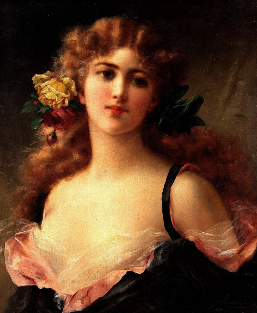 Девушка в чёрном. Эмиль Вернон - роза, портрет, живопись, девушка, 19 век - оригинал