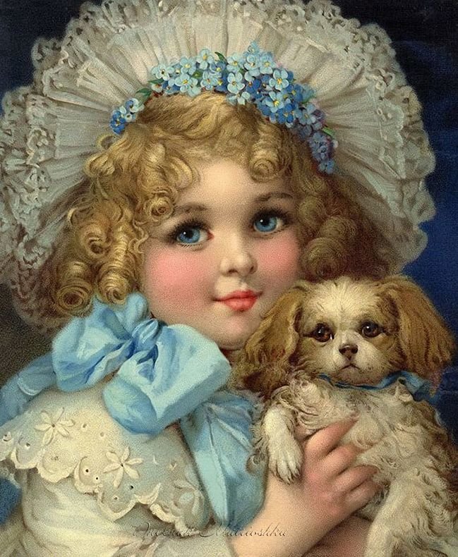 Девочка со щенком. Эмиль Вернон - портрет, живопись, девочка, щенок, 19 век - оригинал