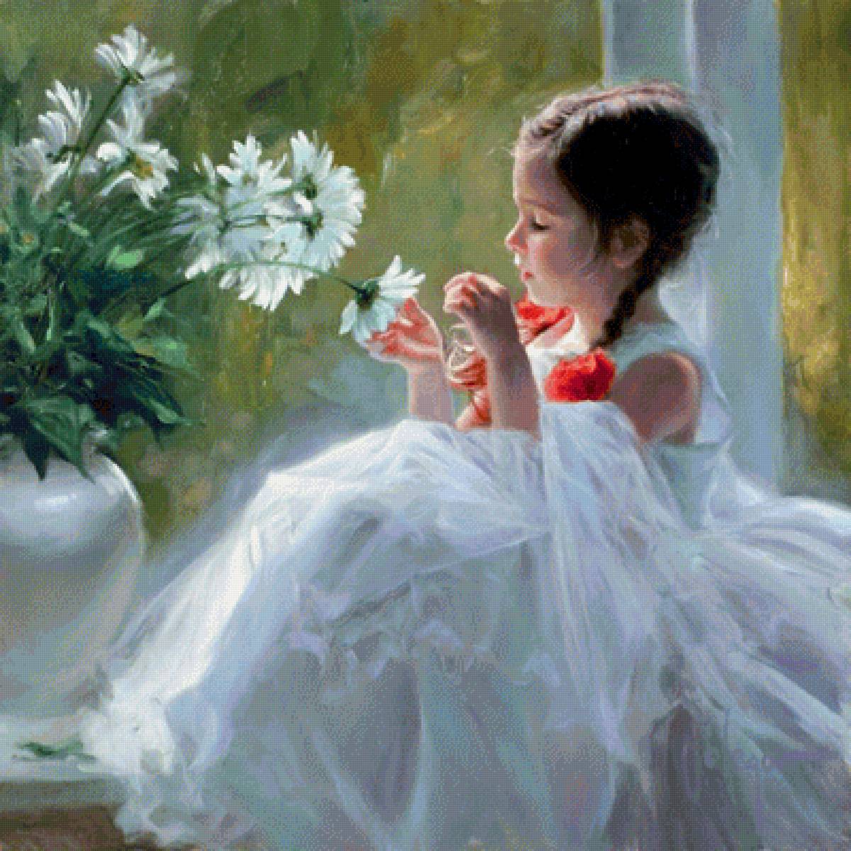 Гадание на ромашке. Владимир Волегов - портрет, ромашки, девочка, живопись - предпросмотр