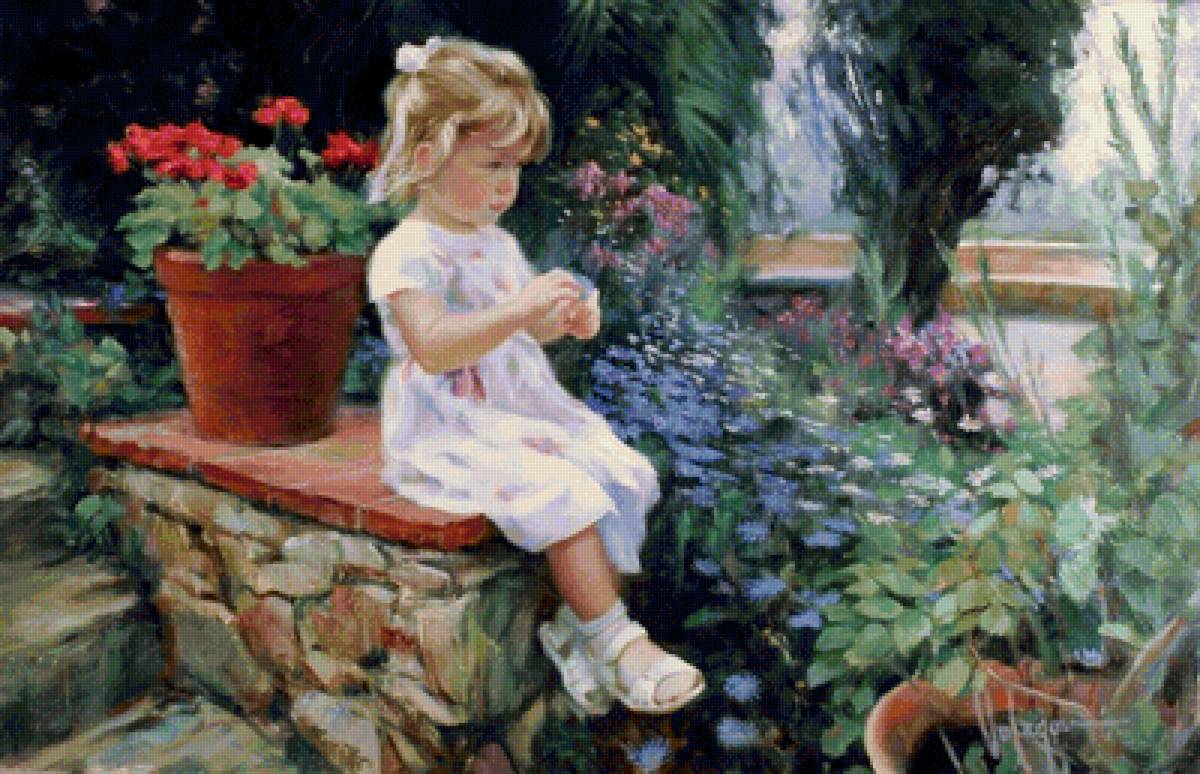 Девочка в саду. Владимир Волегов - живопись, сад, цветы, девочка - предпросмотр