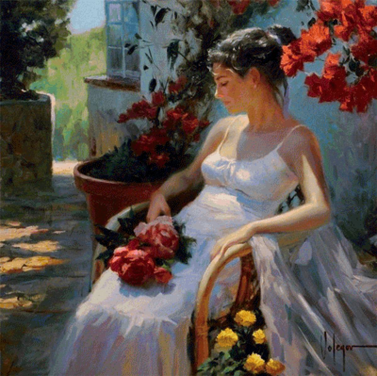Девушка с розами. Владимир Волегов - портрет, сад, розы, девушка, живопись - предпросмотр