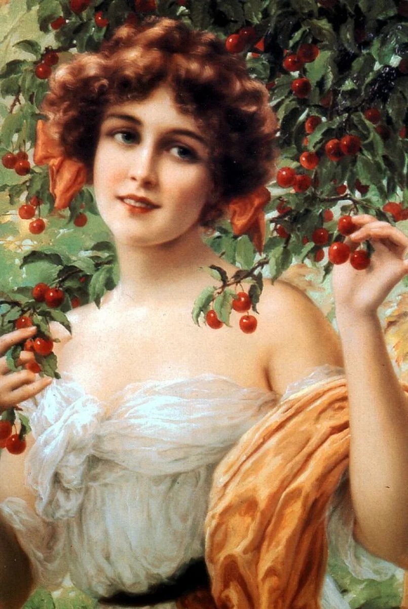 Девушка с вишней. Эмиль Вернон - девушка, портрет, живопись, 19 век, вишня - оригинал
