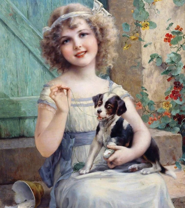 Девочка со щенком. Эмиль Вернон - 19 век, живопись, портрет, девочка, щенок - оригинал