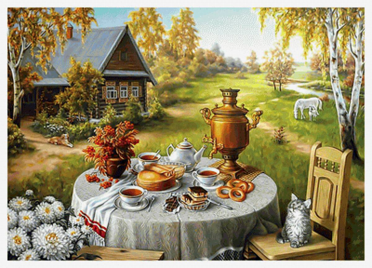 Чаепитие в деревне. - натюрморт, блины, пейзаж, самовар, деревня, кот, березы, домик - предпросмотр