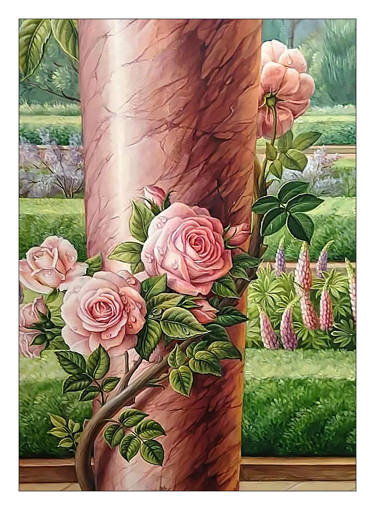Розы и колонна. - розы, сад, колонна, живопись, цветы - оригинал