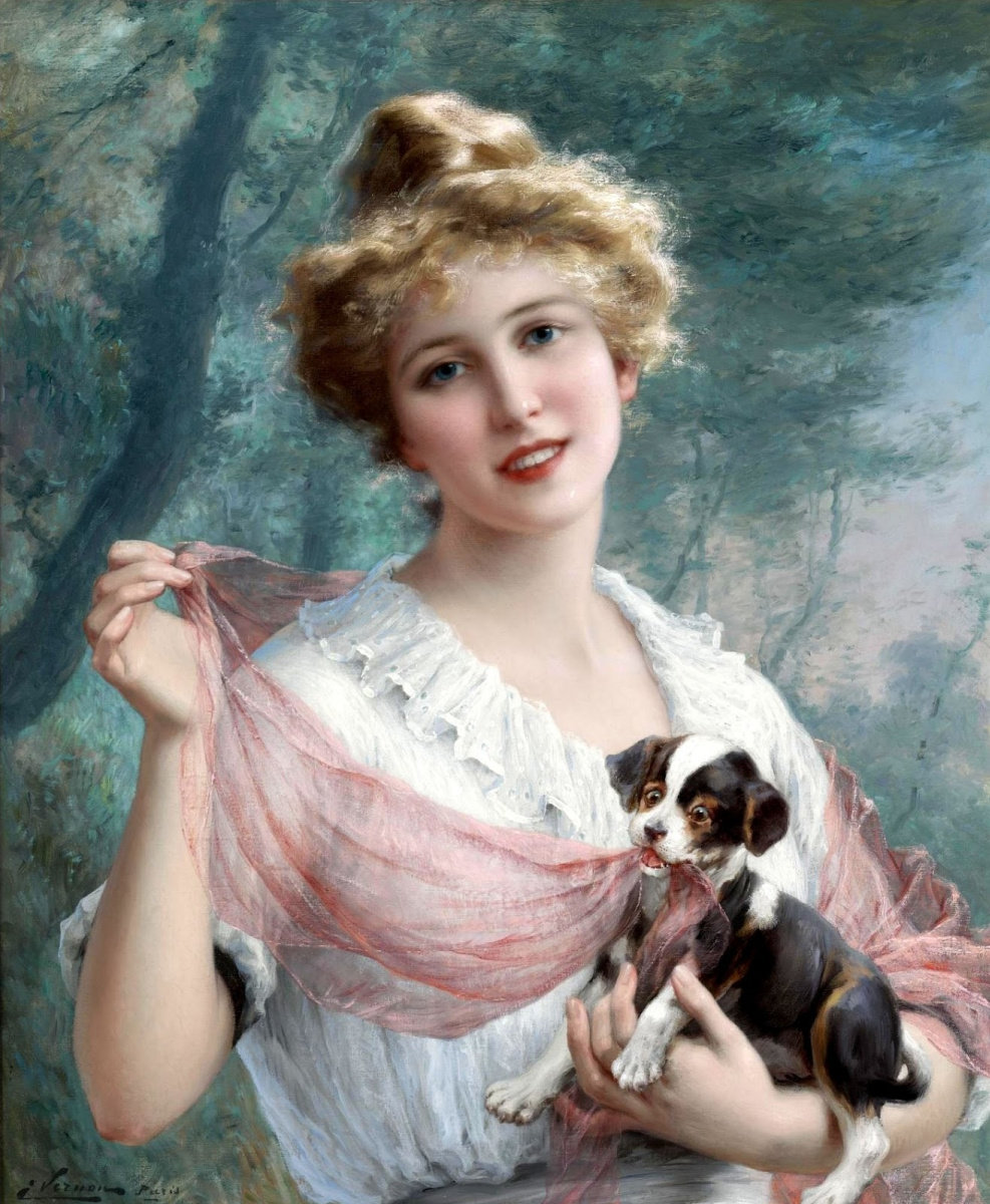 Девушка со щенком. Эмиль Вернон - живопись, 19 век, девушка, портрет, щенок - оригинал