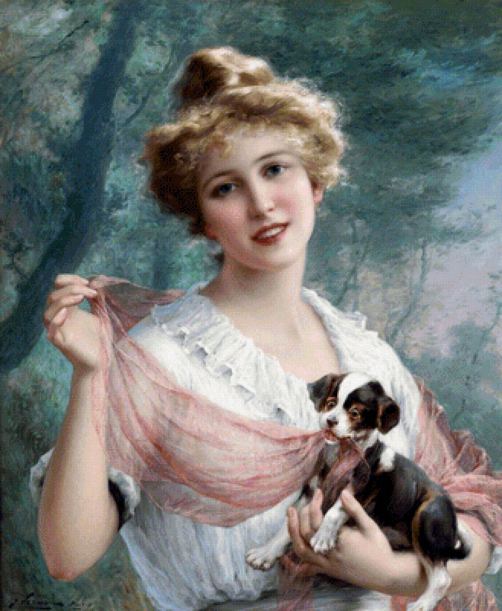 Девушка со щенком. Эмиль Вернон - 19 век, портрет, живопись, щенок, девушка - предпросмотр