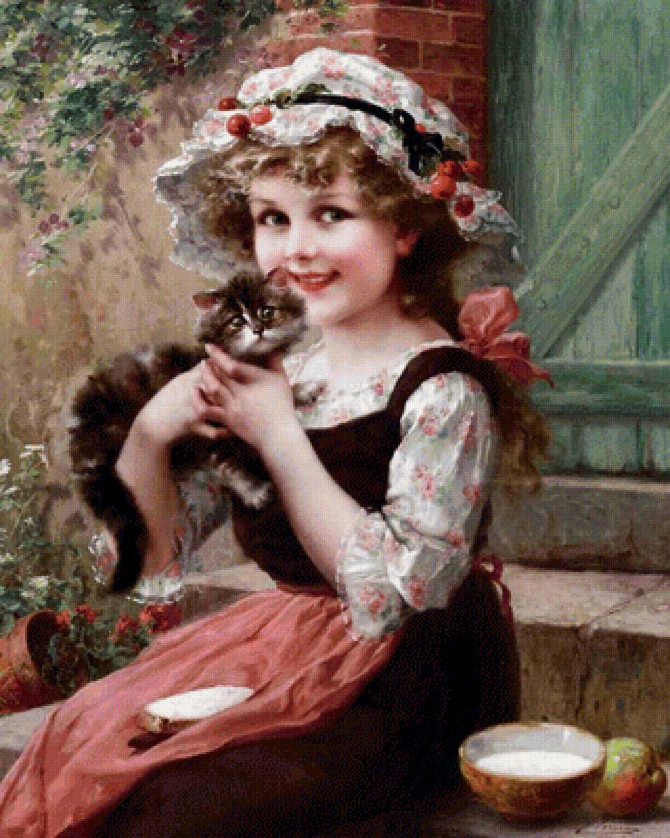 Девочка с котёнком. Эмиль Вернон - котенок, портрет, девочка, живопись, 19 век - предпросмотр