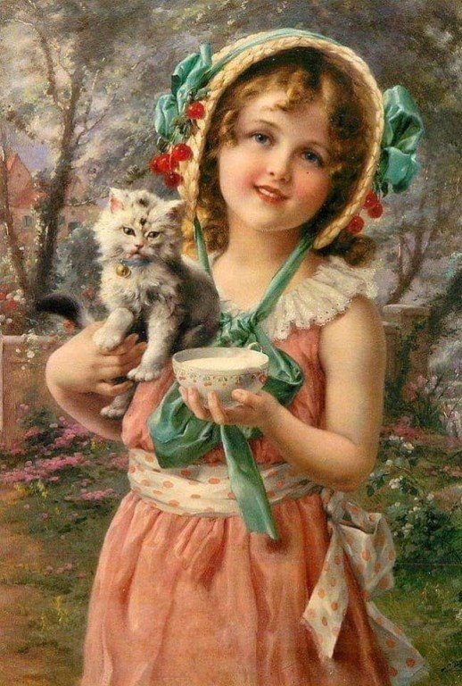 Девочка с котёнком. Эмиль Вернон - котенок, живопись, девочка, портрет, 19 век - оригинал