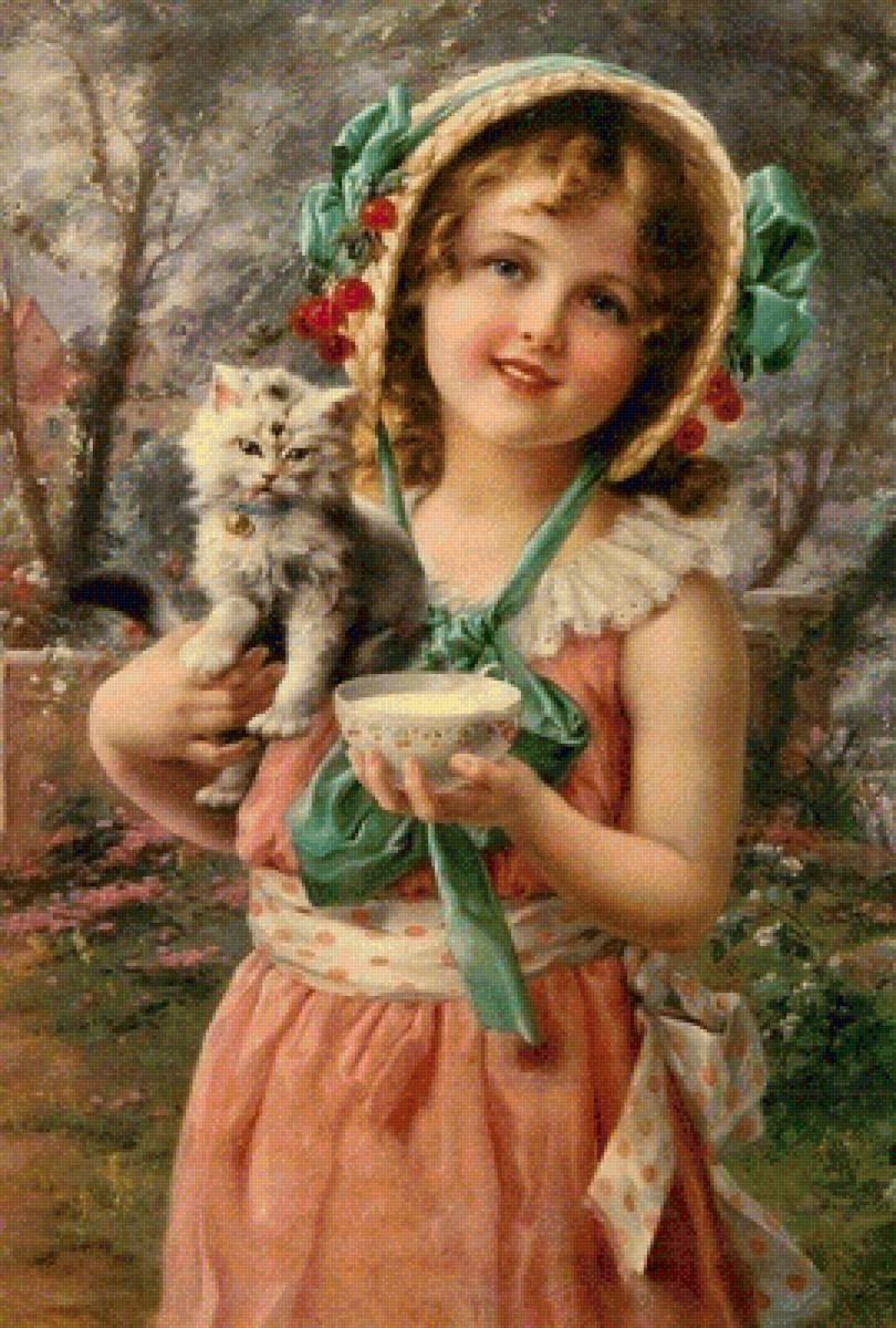 Девочка с котёнком. Эмиль Вернон - 19 век, девочка, котенок, живопись, портрет - предпросмотр