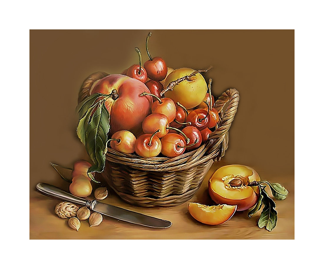 Фруктовый натюрморт. - вишня, фрукты, персик, живопись, черешня, орехи, ягоды - оригинал