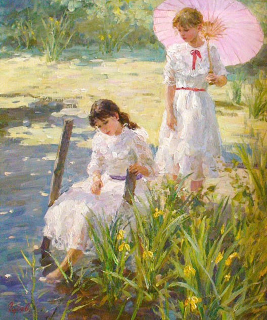 У пруда. Владимир Гусев - пруд, живопись, лето, девочка - оригинал