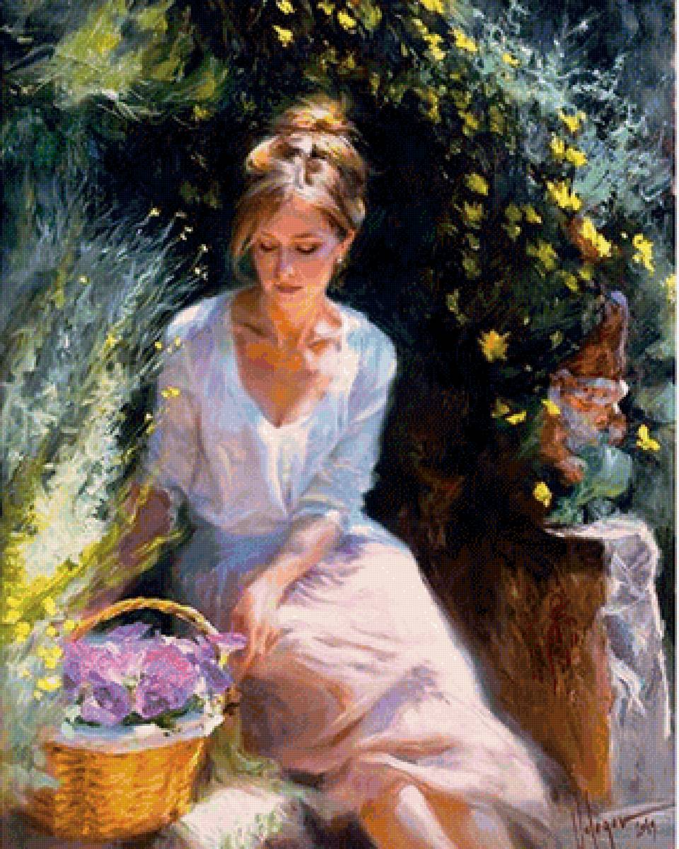 В саду. Владимир Волегов - живопись, сад, лето, девушка, портрет - предпросмотр