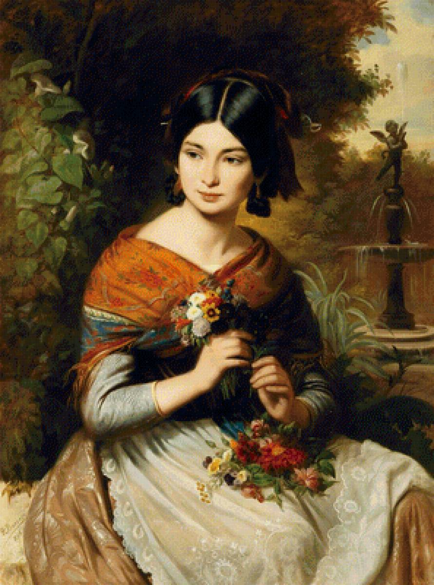 Девушка с цветами. Франсуа Мартин Кавель - 19 век, живопись, девушка, портрет - предпросмотр