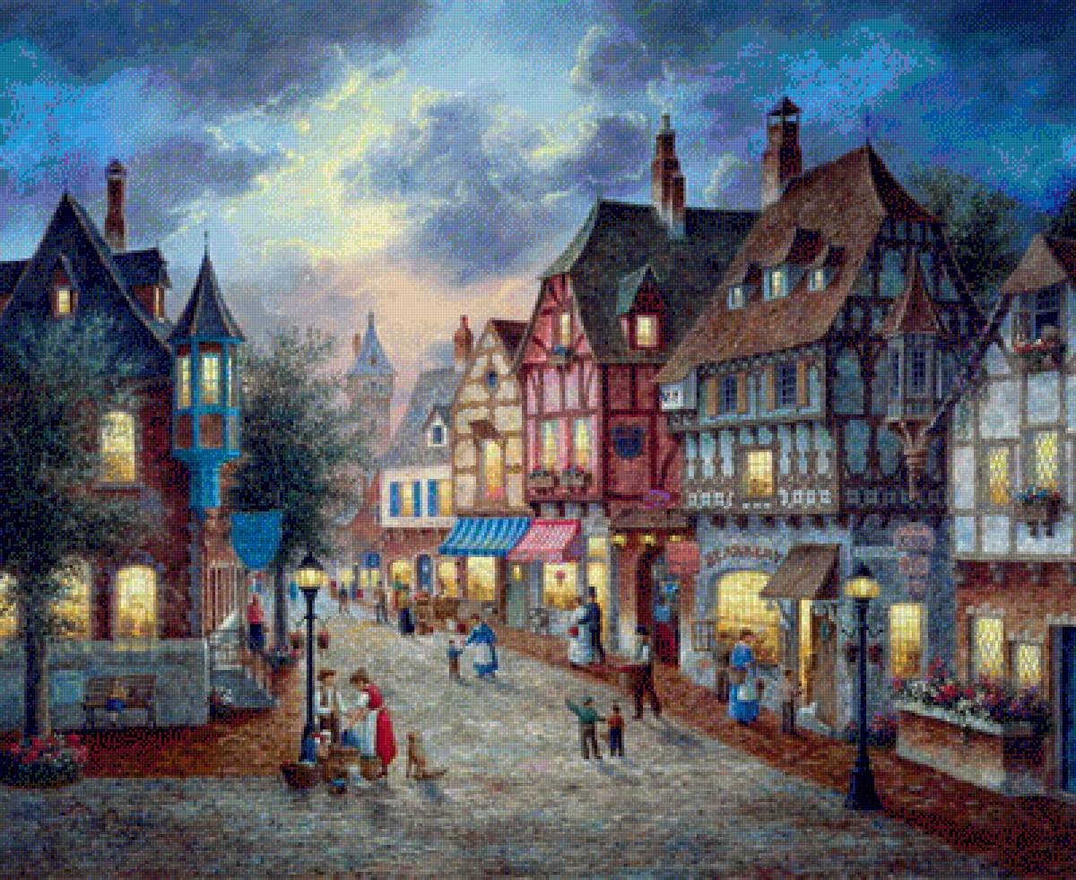 Городская улочка - дэннис льюэн, живопись, улочка, старинный город, 19 век - предпросмотр