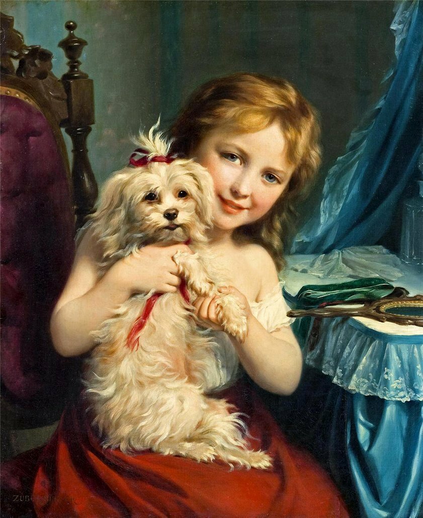 Девочка с собакой. Фриц Цубер-Бюлер - собака, 19 век, портрет, живопись, девочка - оригинал