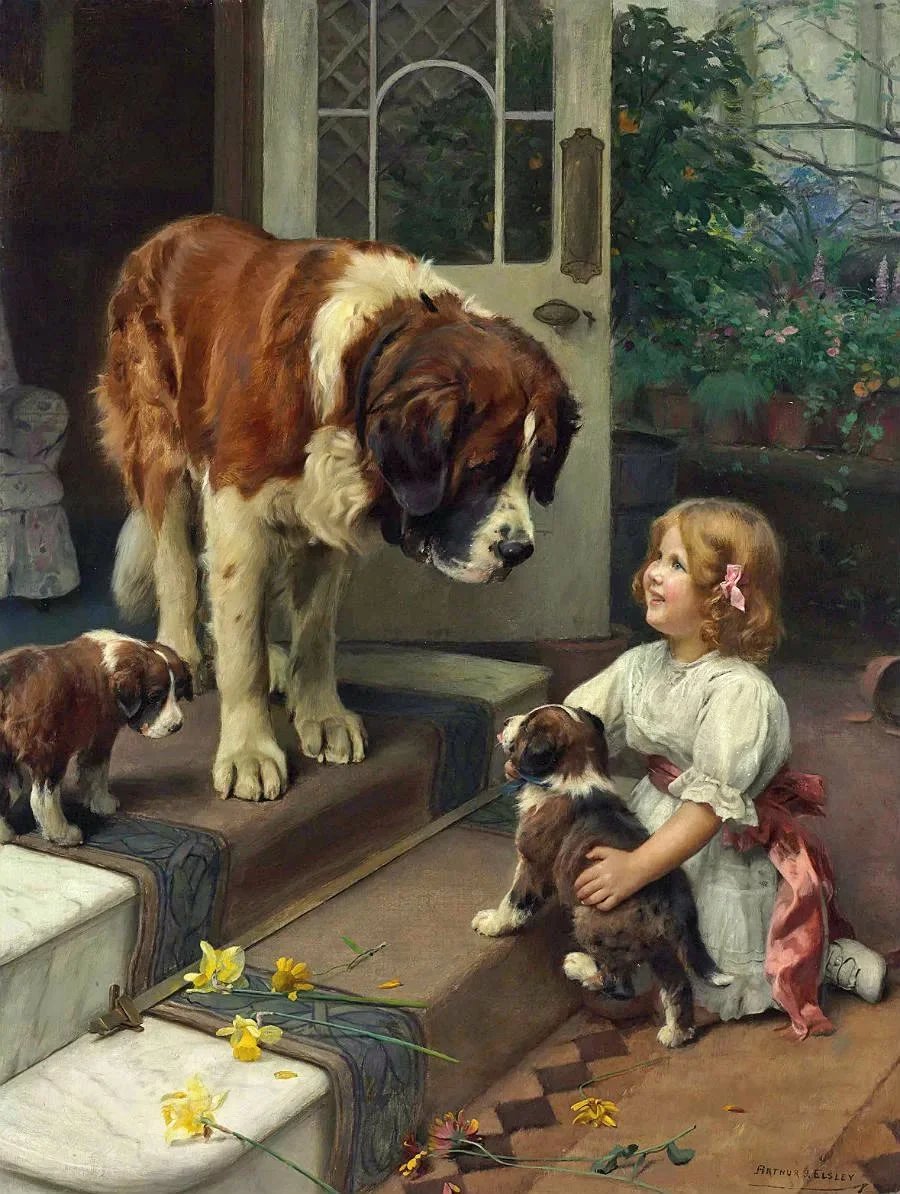 Домашние любимцы. Артур Джон Элсли - живопись, портрет, 19 век, девочка, собака - оригинал