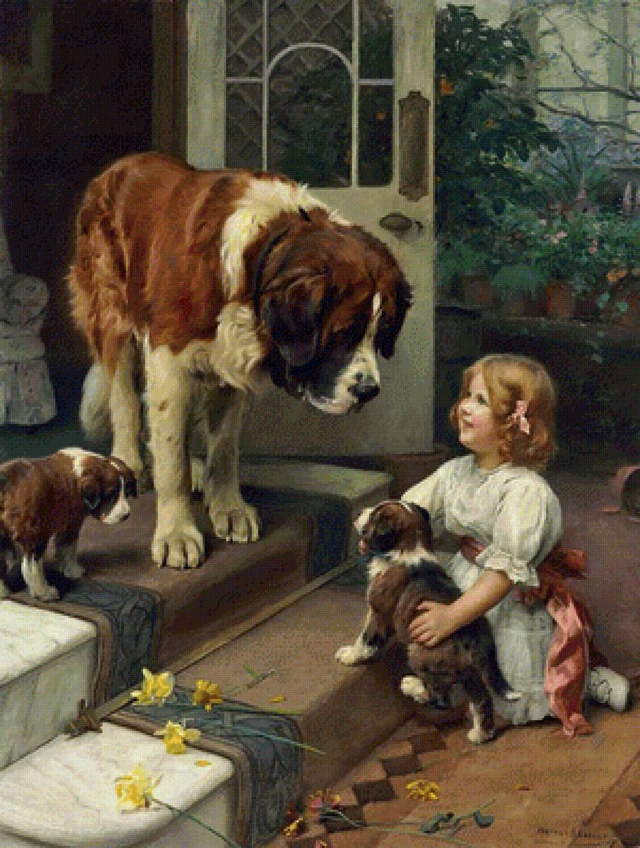 Домашние любимцы. Артур Джон Элсли - живопись, собака, портрет, девочка, 19 век - предпросмотр