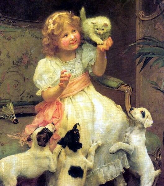 Знакомство. Артур Джон Элсли - котенок, портрет, щенок, живопись, девочка, 19 век - оригинал