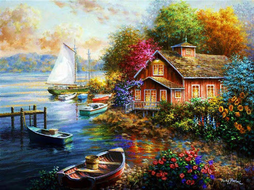 Дом на берегу - берег, лодка, природа, дом. цветы - оригинал
