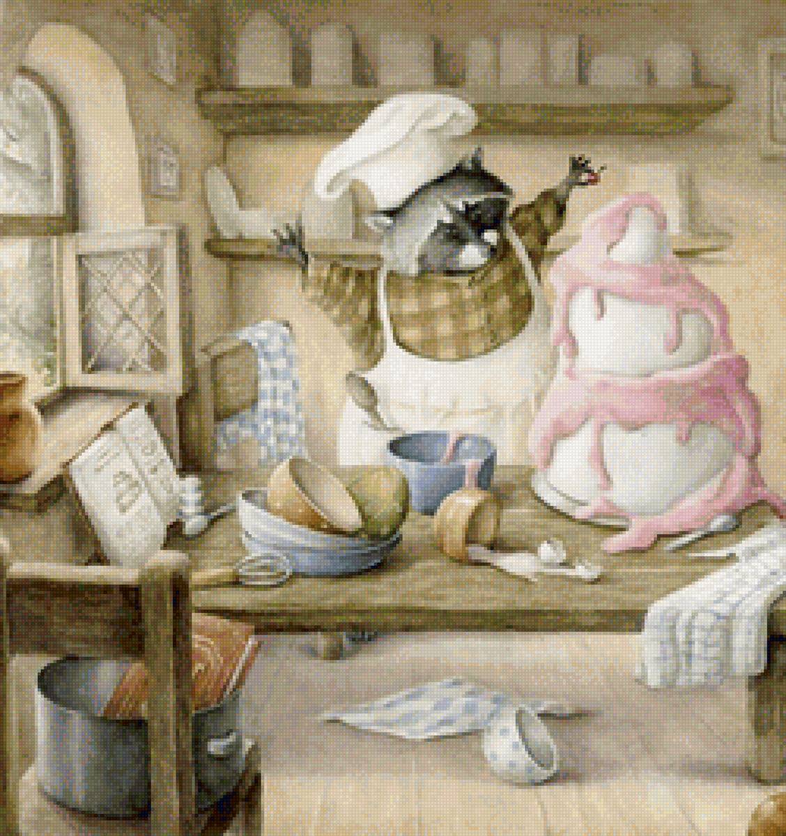 Енот, торт - сладость, готовить, енот, дом, кухня, торт - предпросмотр