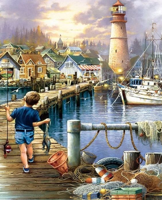 Удачная рыбалка - мальчик, причал, рыбалка, маяк - оригинал