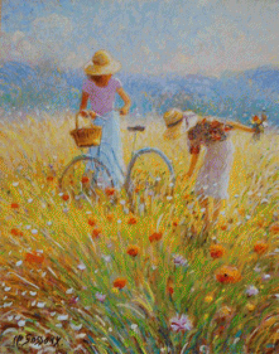 лето - цветы, девушки, велосипед - предпросмотр